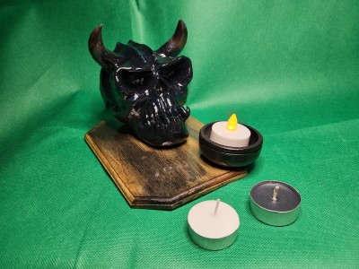 Devil Skull Candle Holder on wood base