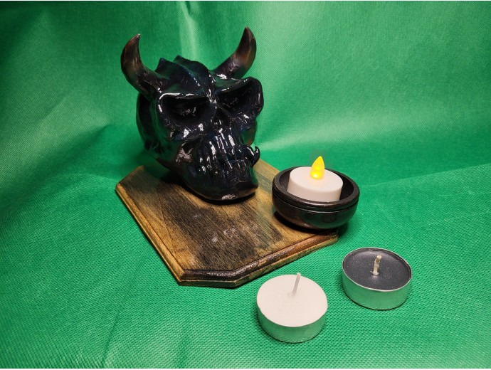 Devil Skull Candle Holder on wood base